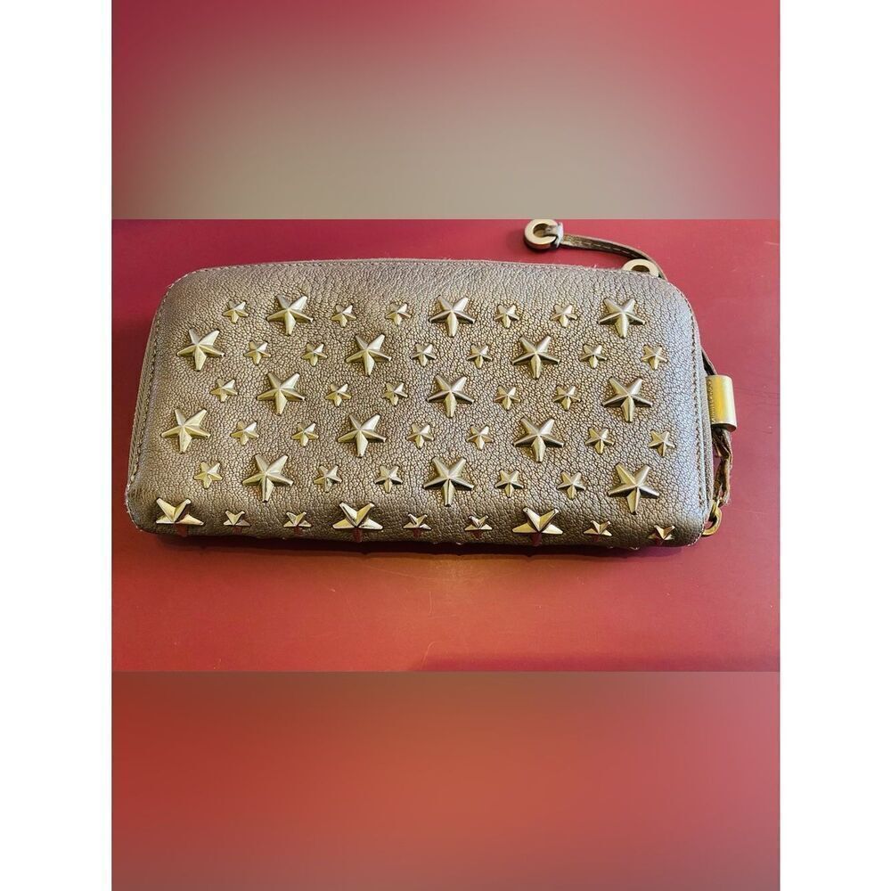 Jimmy Choo Taupe Gold Star-Studded Zip Around Long Wallet Authentic - Picture 7 of 17